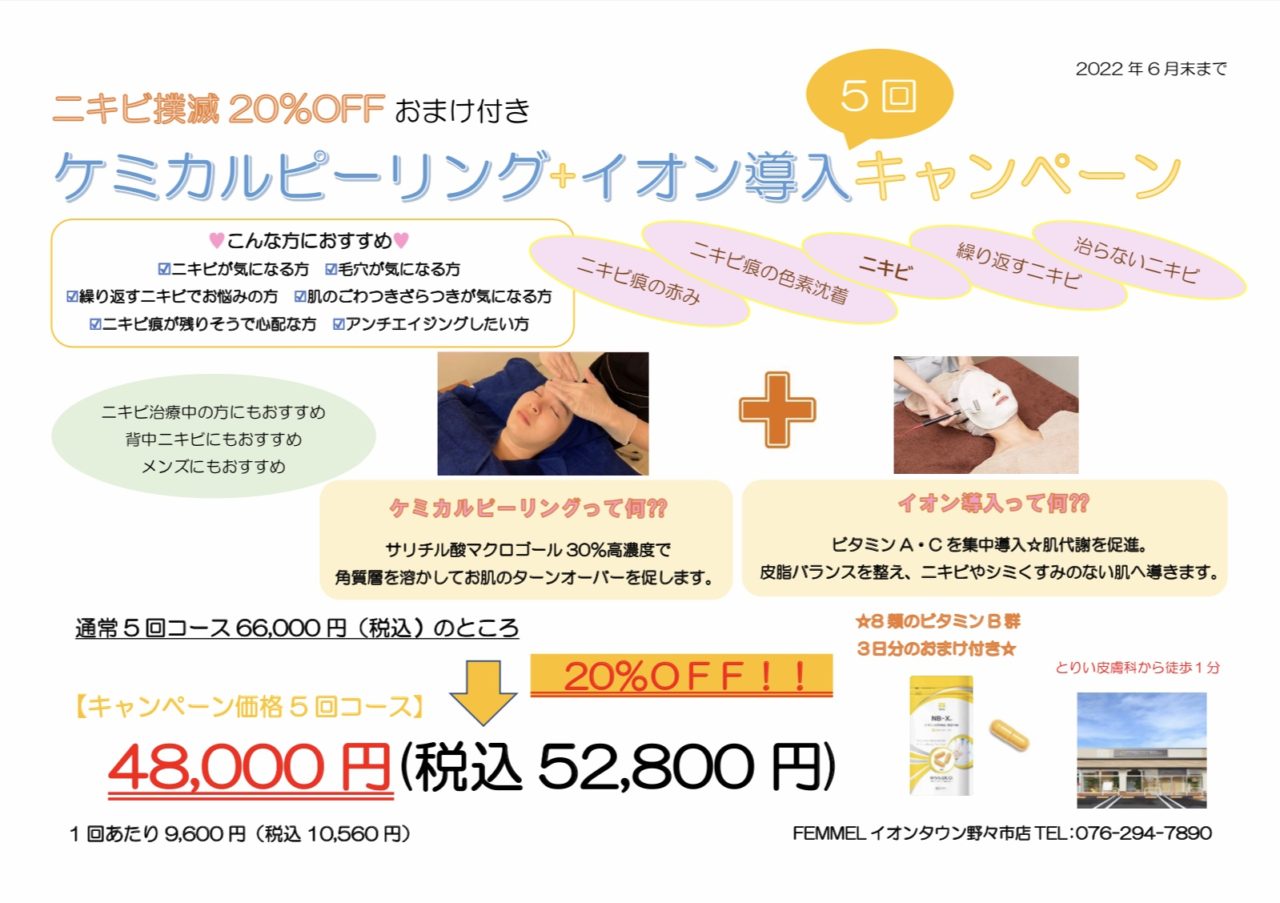 ケミカルピーリング✚イオン導入　20％off　キャンペーンのイメージ画像